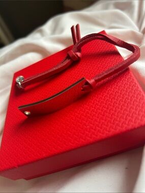 Plunder Red Leather Bracelet with Curved Metal Bar
